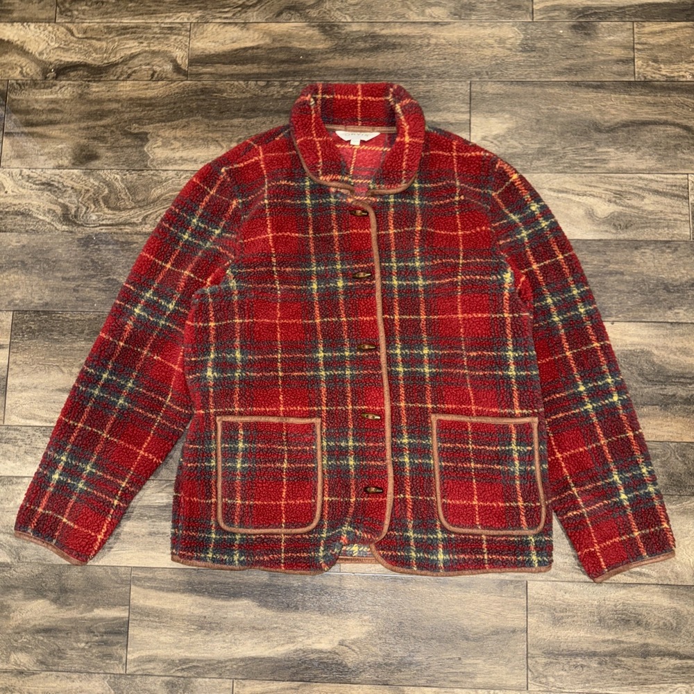 Orvis Deep-Pile Fleece Jacket Red Coat Plaid Women's Size L Toggle Front